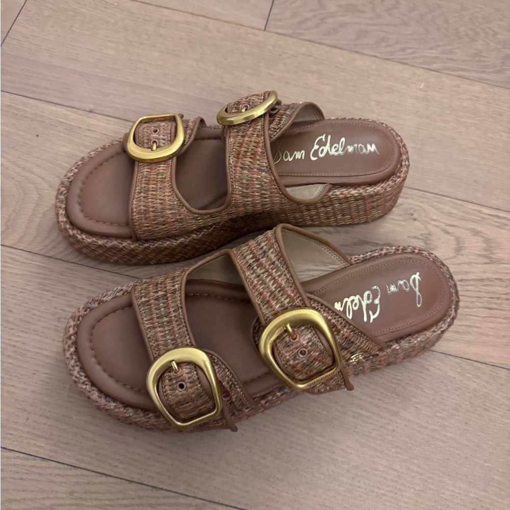 Sam Edelman Tan and Gold Buckle Sandals